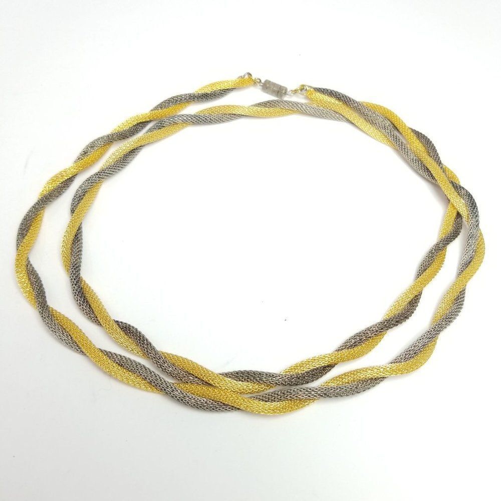 Vintage Long Two Strand Twist Chain Necklace, Gold Tone Silver Tone Metal